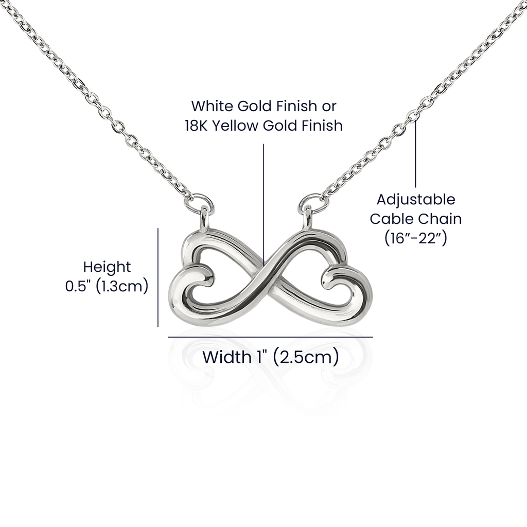 Endless Love necklace dimensions and adjustable chain details.