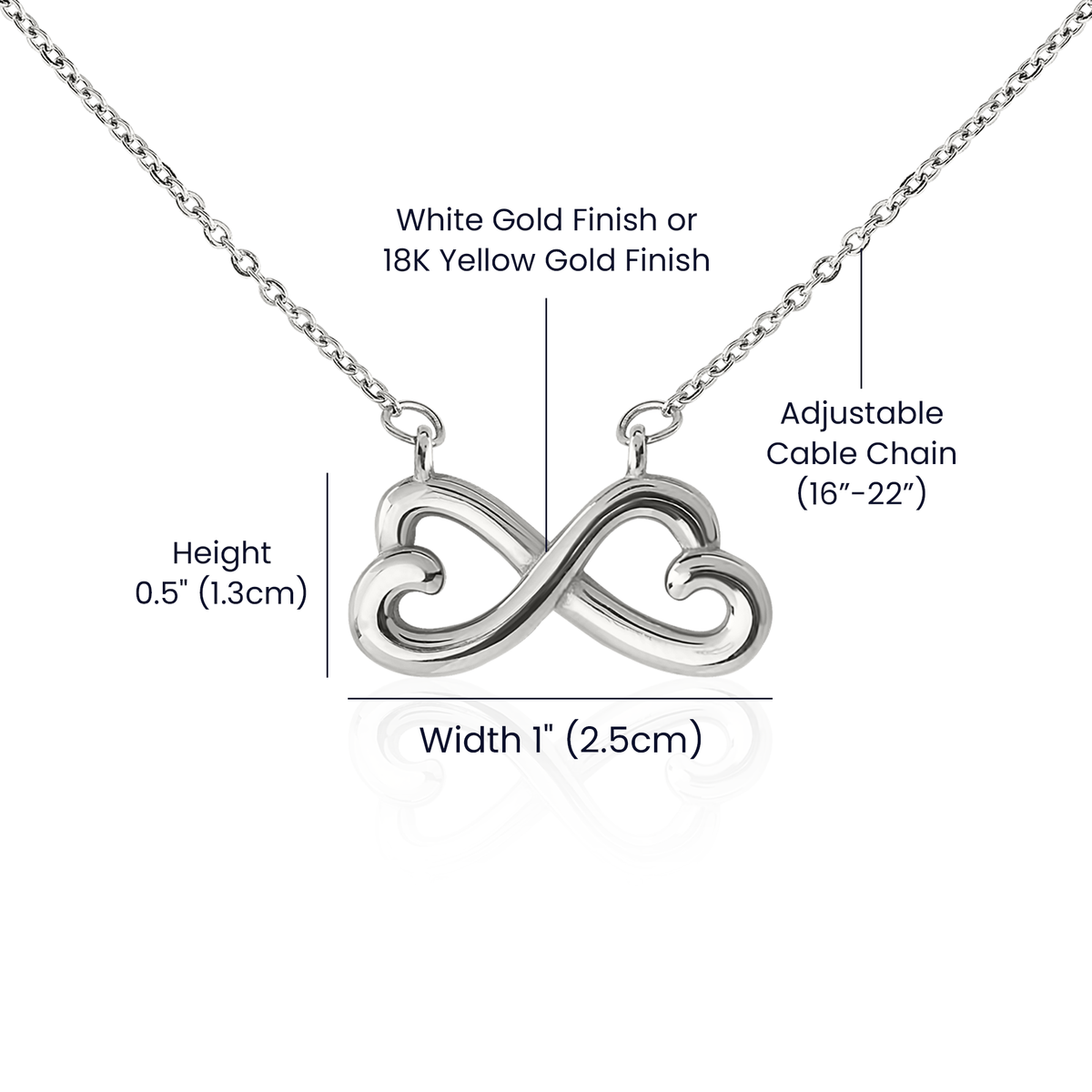 Endless Love necklace dimensions and adjustable chain details.