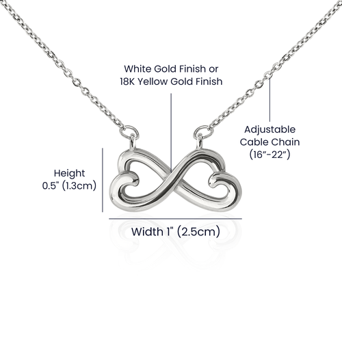 Endless Love necklace dimensions and adjustable chain details.