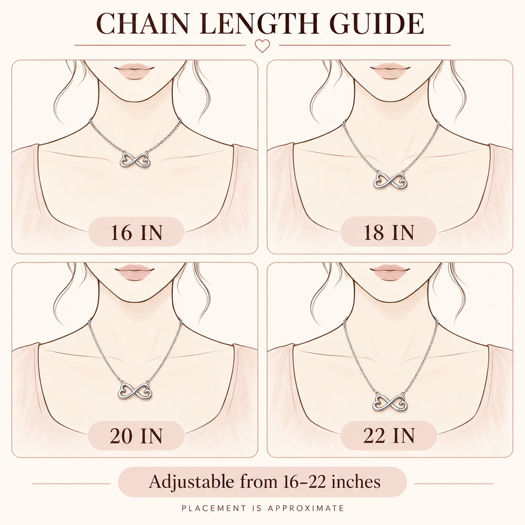 Chain length guide showing approximate placement from 16 to 22 inches.