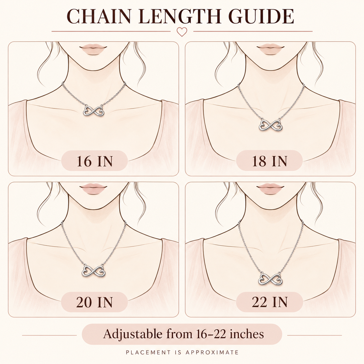 Chain length guide showing approximate placement from 16 to 22 inches.