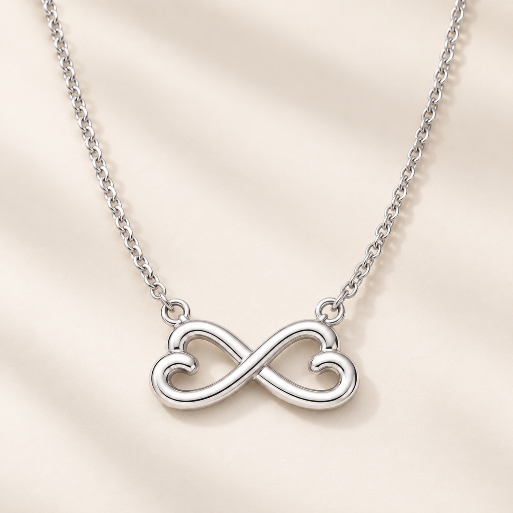 Endless Love heart-and-infinity necklace on a warm ivory studio background.